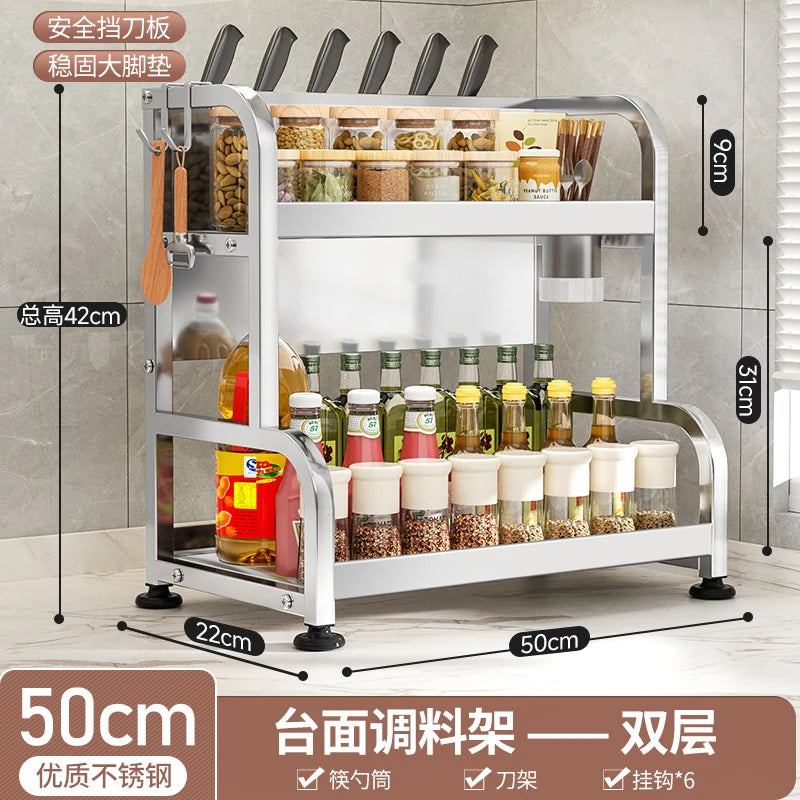 étagère cuisine métal argenté support couteaux bocaux épices rangement comptoir