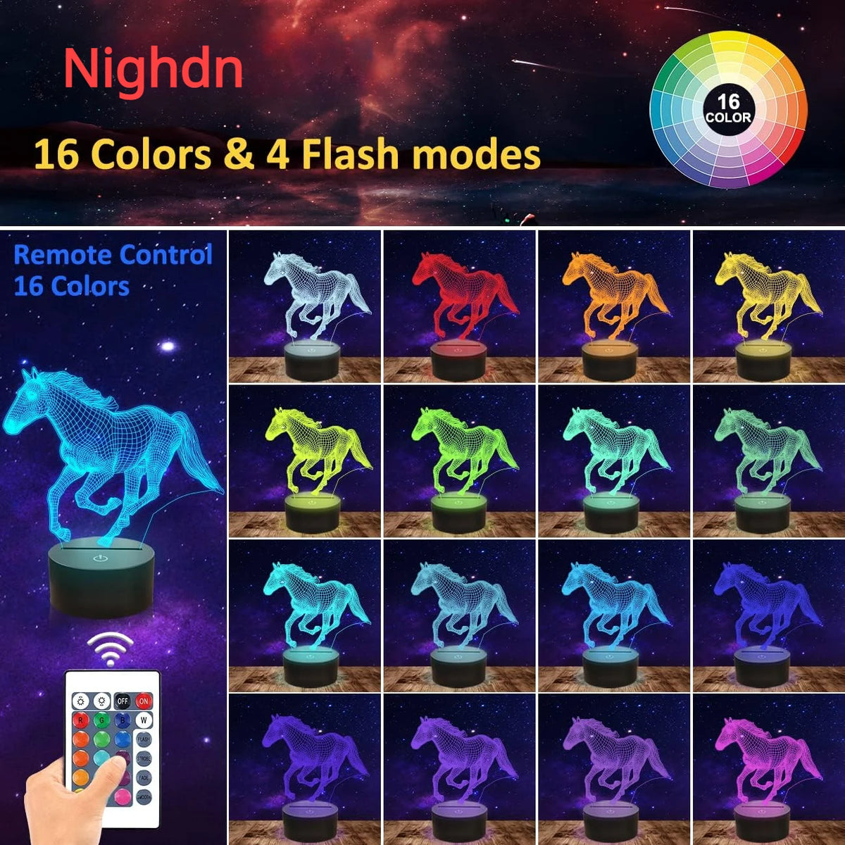 lampe led 3d cheval relief couleur changeante télécommande moderne enfants chambre