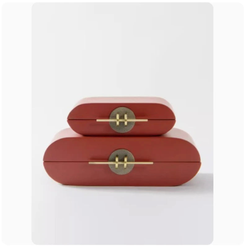 boîte bijoux rouge moderne boutons dorés mat bois capacité stockage respectueux environnement empilable rectangle