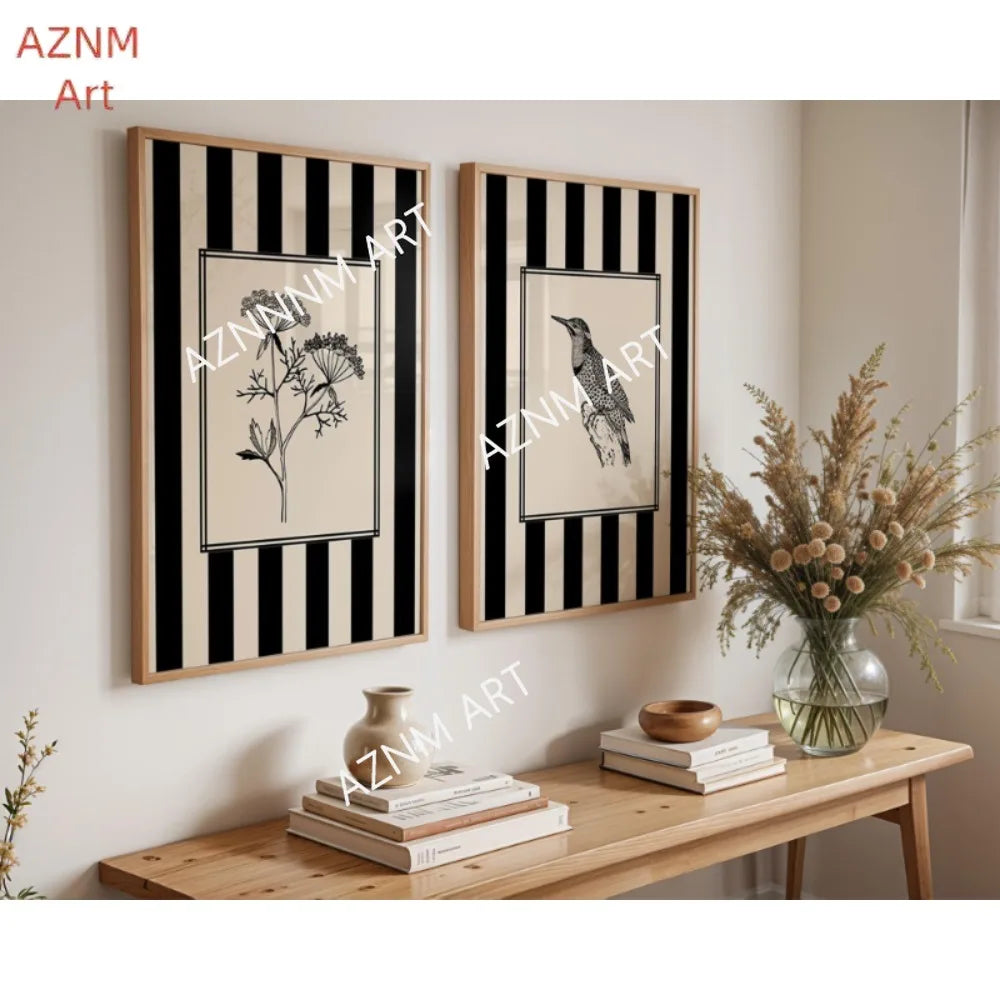 affiche moderne oiseau plante rayures noires blancs minimaliste mural cadre illustration abstraite
