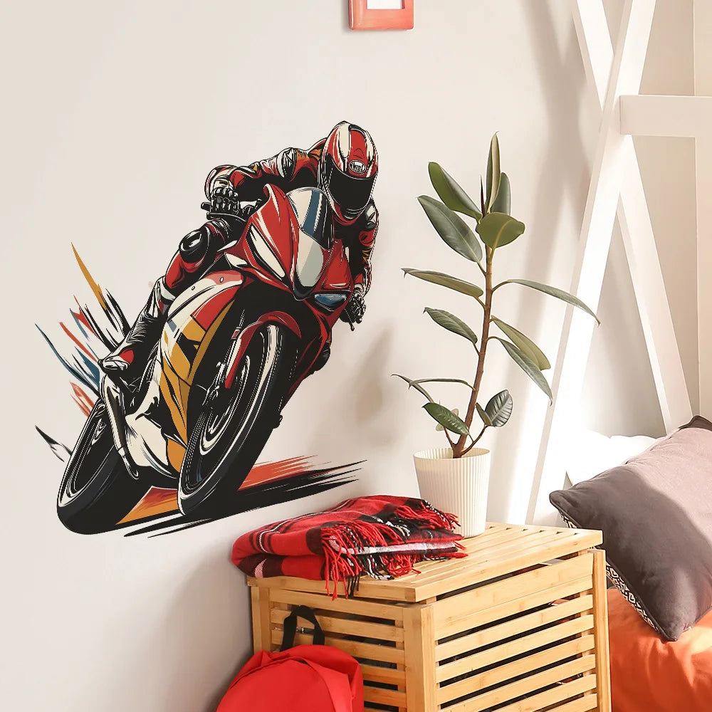 autocollant mural moto pilote rouge noir blanc illustration graphique adhésif moderne chambre enfant décoration