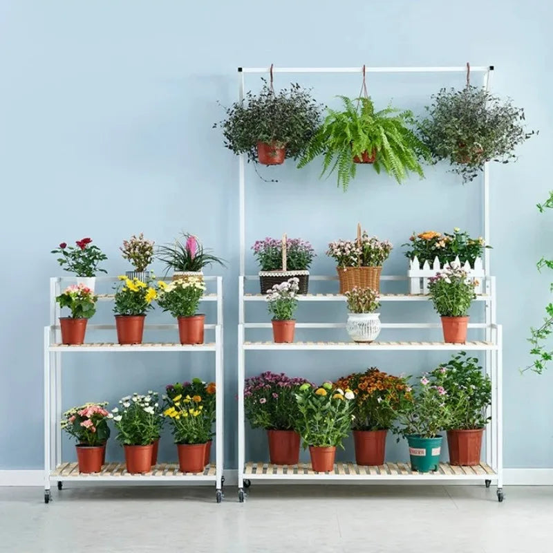 étagère plantes bois métal roulettes meuble jardin intérieur blanc moderne