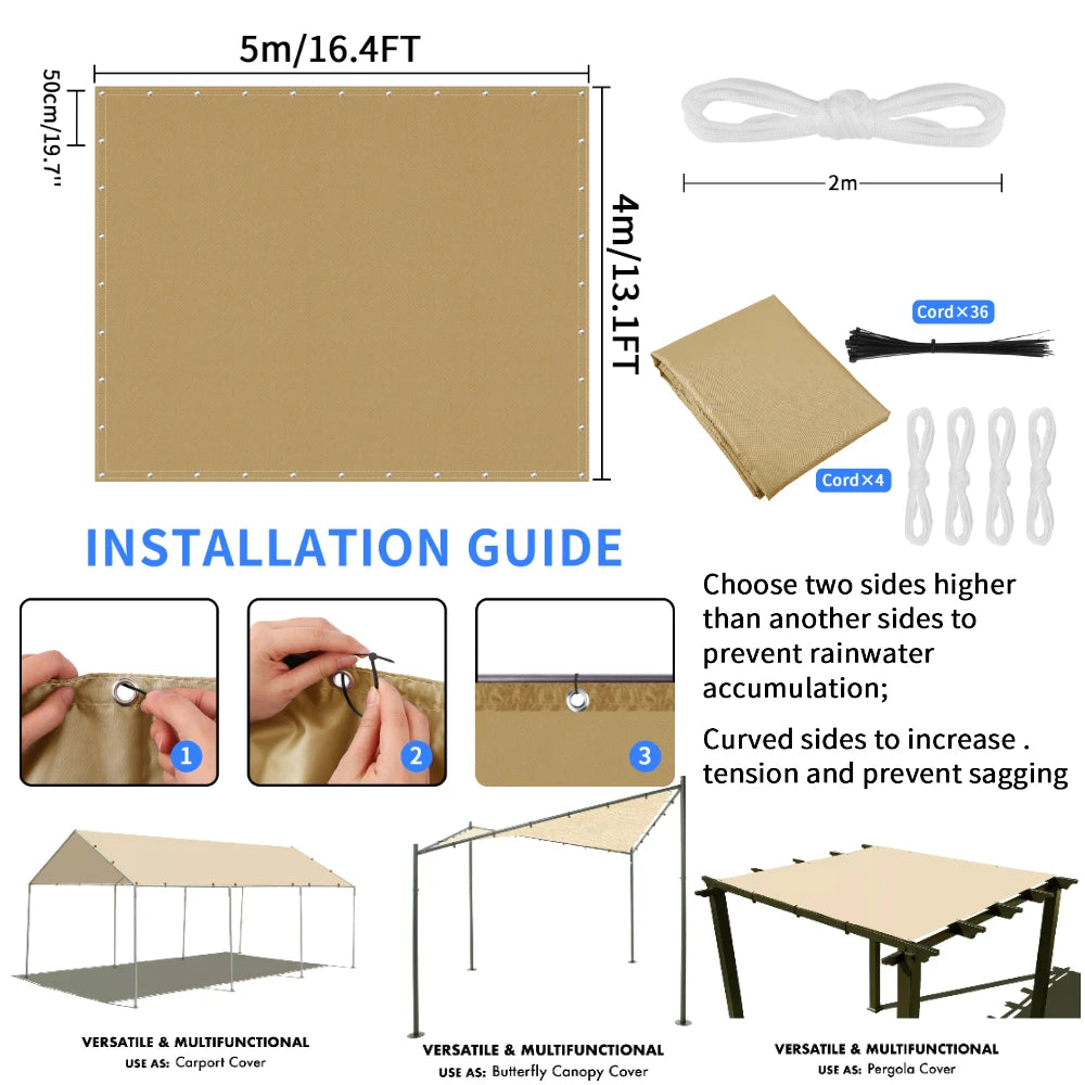voile parasol beige clair moderne 5x4m résistante l'eau uv 95% métalliques kit montage