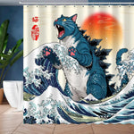 rideau douche moderne chat géant vague blanc bleu gris rouge polyester anneaux métalliques durable