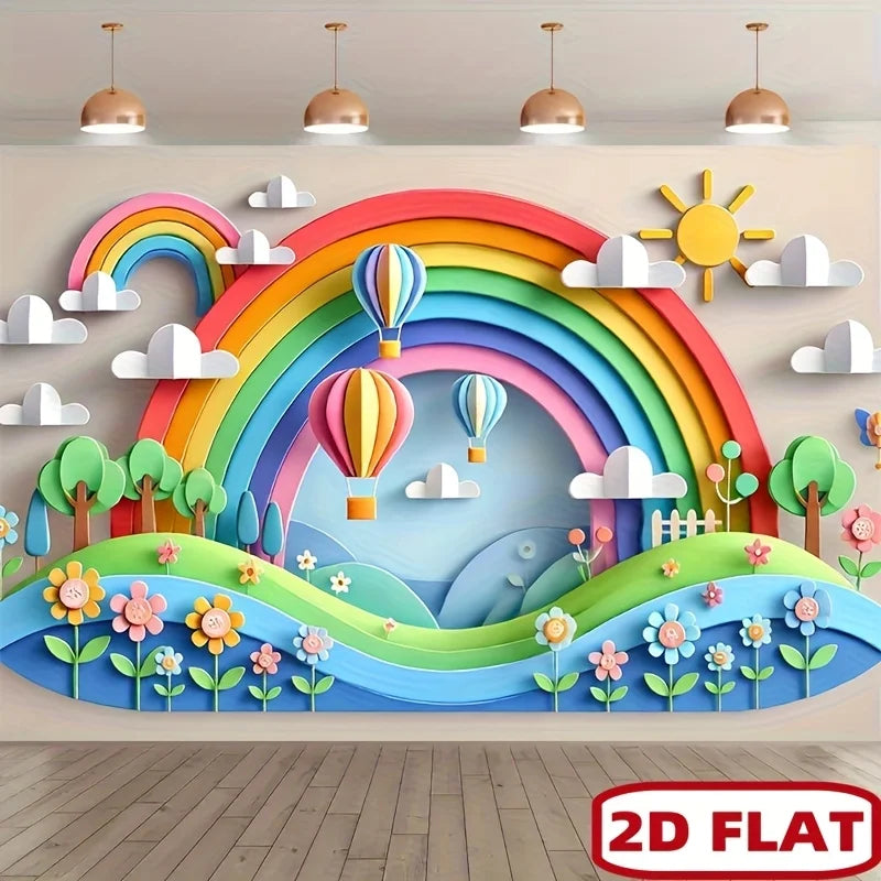 Toile fond décorative arc ciel montgolfières nuages arbres fleurs multicolore chambre enfant décoration murale