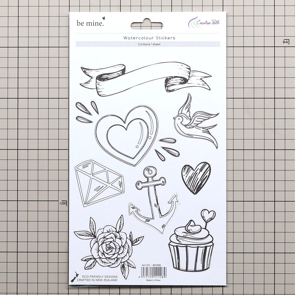 sticker aquarelle fleurs rubans coeurs diamant ancre cupcake oiseau flèche texte be mine forever