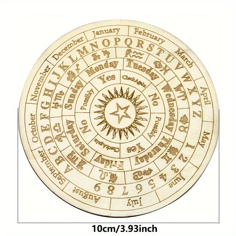 disque bois gravé astrologie pendule cristal divination méditation décoration maison symbolique zodiaque