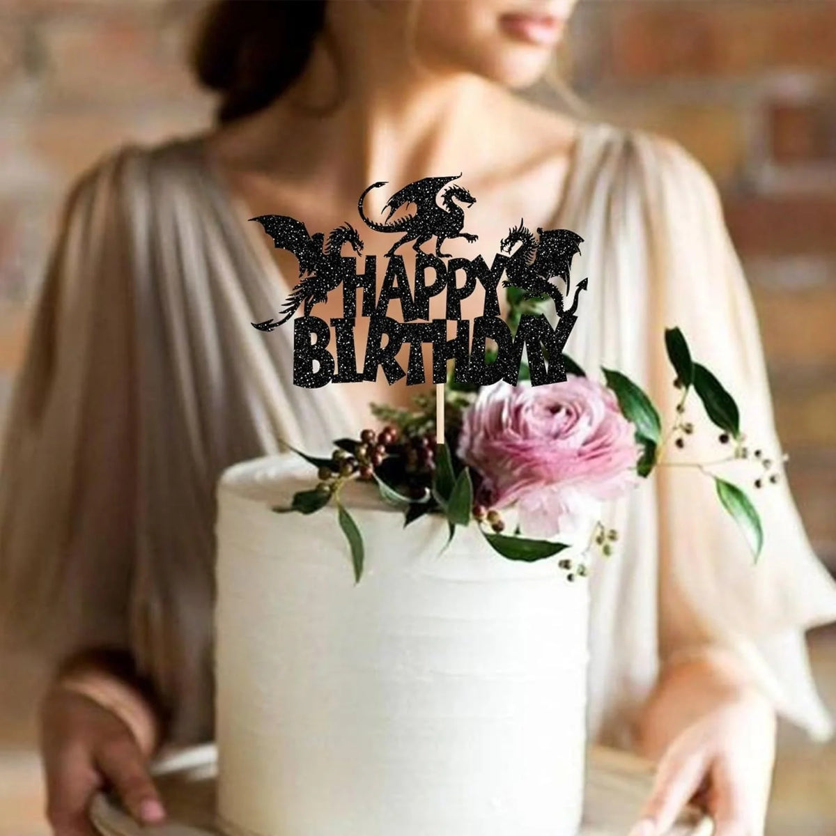 décoration gâteau happy birthday dragon noir bambou festif enfant halloween pique bois moderne festive