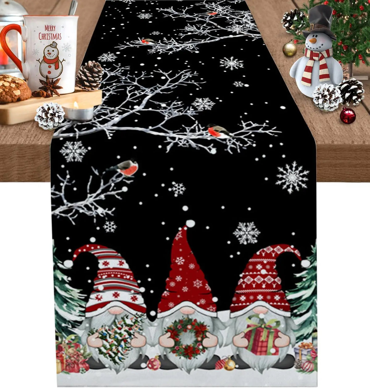 Un paysage enneigé avec des gnomes au chapeau rouge dans un décor de Noël festif.