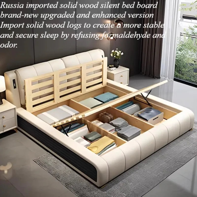 lit moderne minimaliste bois simili cuir beige gris porte chargement lumière douce chambre coucher
