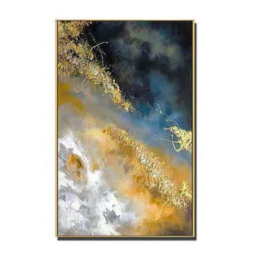 tableau abstrait moderne peintures l'huile noir bleu gris orange blanc toile rectangle vertical sans