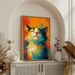 tableau abstrait chat souriant moderne couleur vives orange jaune bleu rouge blanc