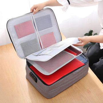 boîte rangement documents gris toile pratique étiquettes couleurs clé usb cartes credit portefeuille poignée