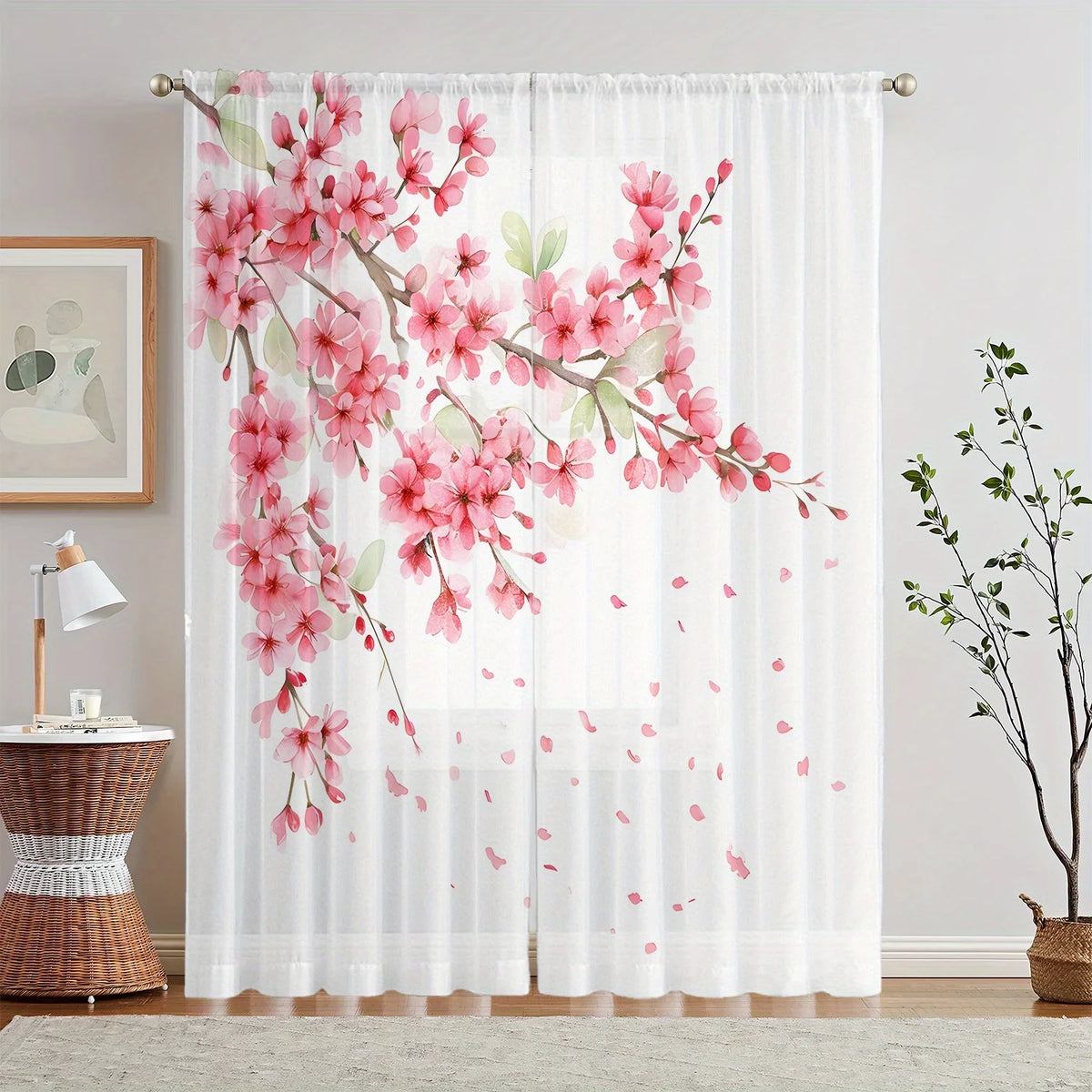 rideau moderne fleurs cerisier transparent blanc rose vert polyester chambre salon