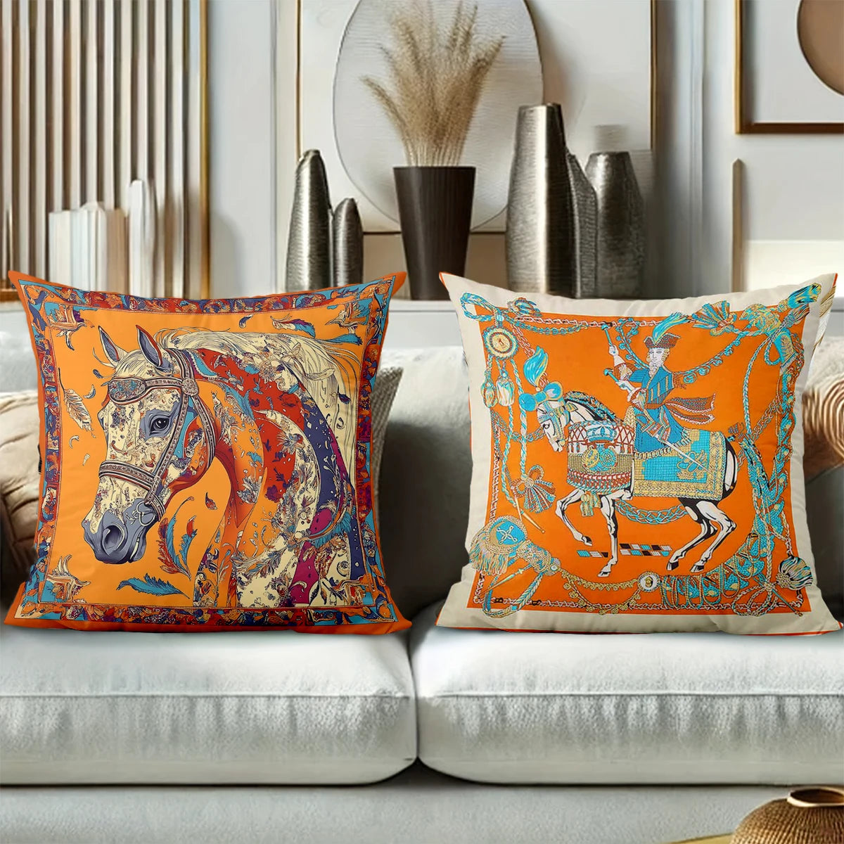 coussin motif chevaux équestre vintage 45x45cm polyester opacité baroque orange noir bleu