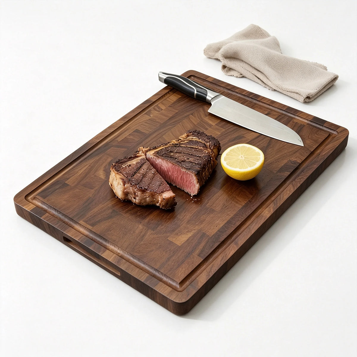 planches découper bois marron grain visible moderne rustique 42cm 30cm 25cm couteau citron légumes