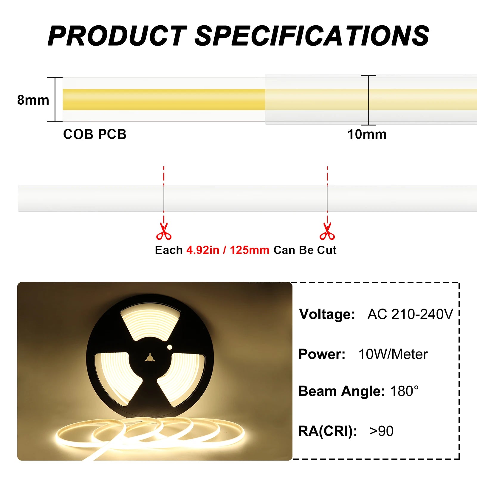 Ruban LED COB installé sous des étagères de cuisine avec éclairage blanc naturel