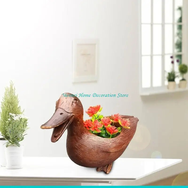 pots résine canard marron plante verte rouge fleurs artificielles feuilles rayées tableaux tropicaux