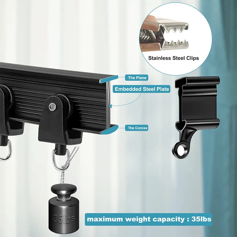 rideau fenêtre moderne noir clips acier inoxydable plaque métallique rallonges suspension vis boulons pvc