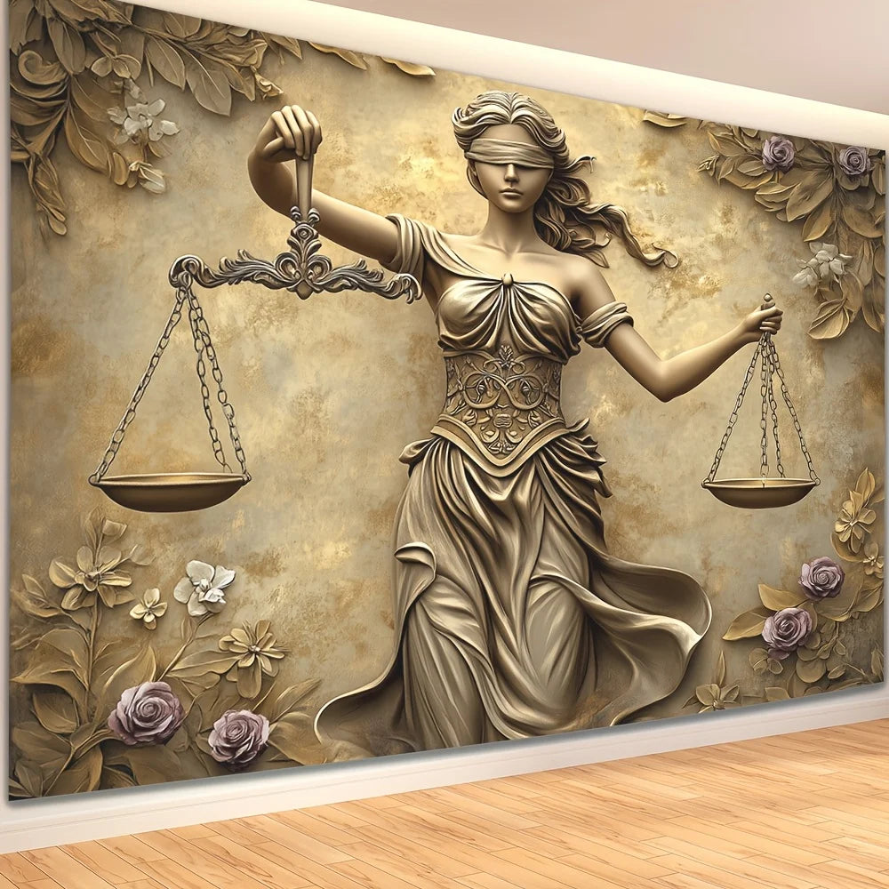 toile d'art statue justice balances fleurs classique baroque polyestère beige doré moderne salon chambre