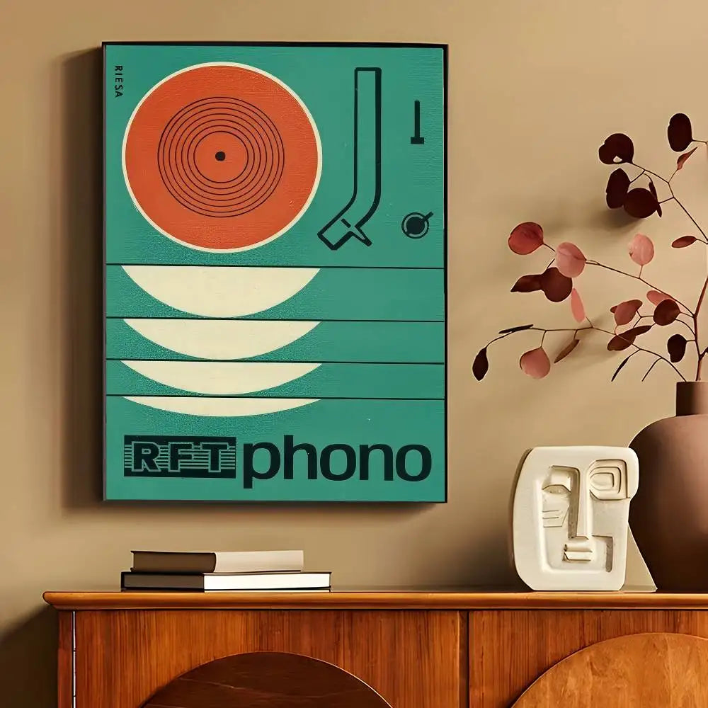 affiches murales vintage rétro disques vinyle illustration cassette audio chambre décoration noire orangée