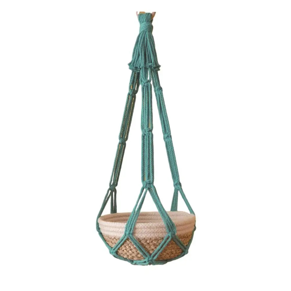 panier suspendu boho tissé motifs géométriques couleur beige vert anneaux métalliques rustic decoration jardin