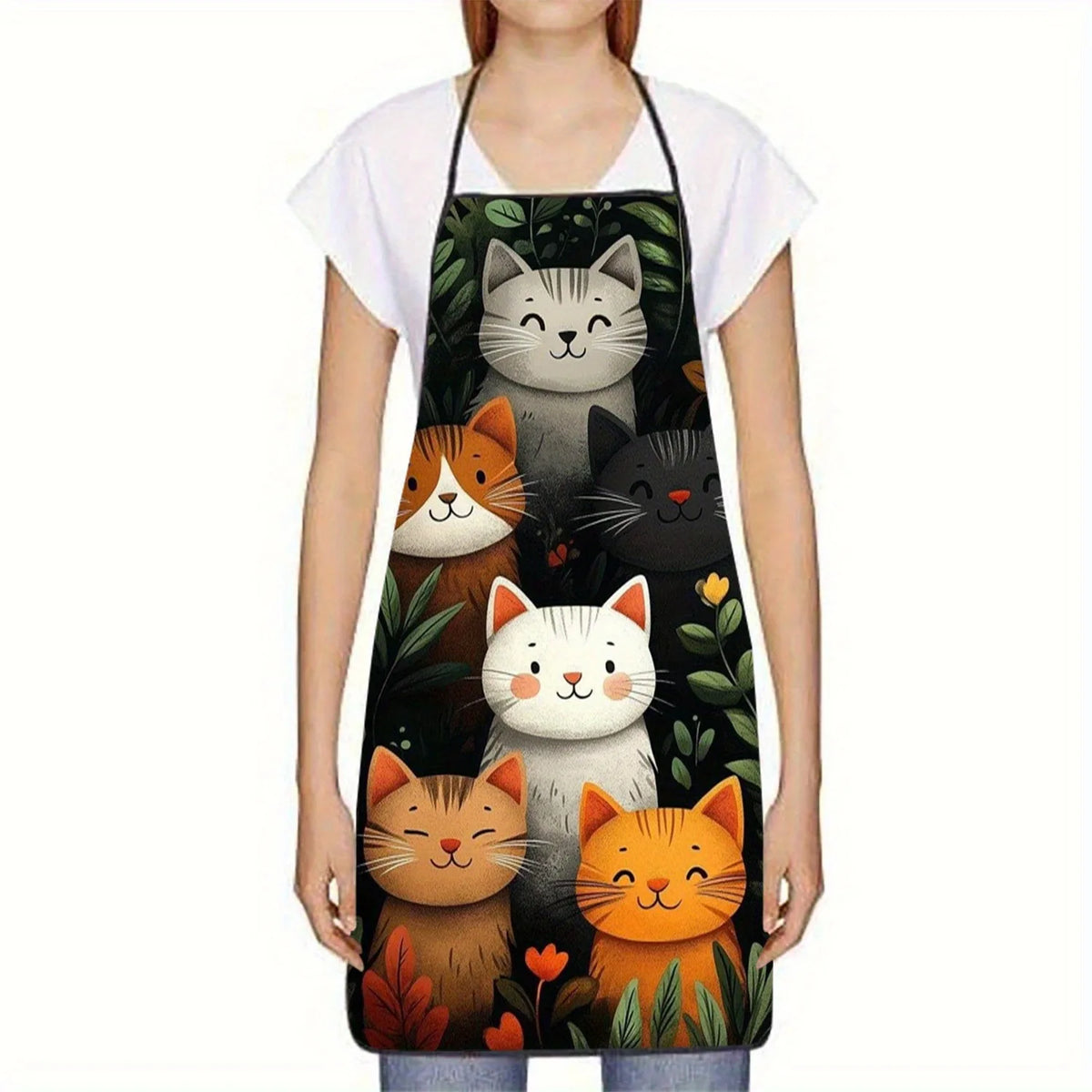 tablier polyester chats mignons noir blanc orange motifs modernes cordon fixations cuisine pâtisserie