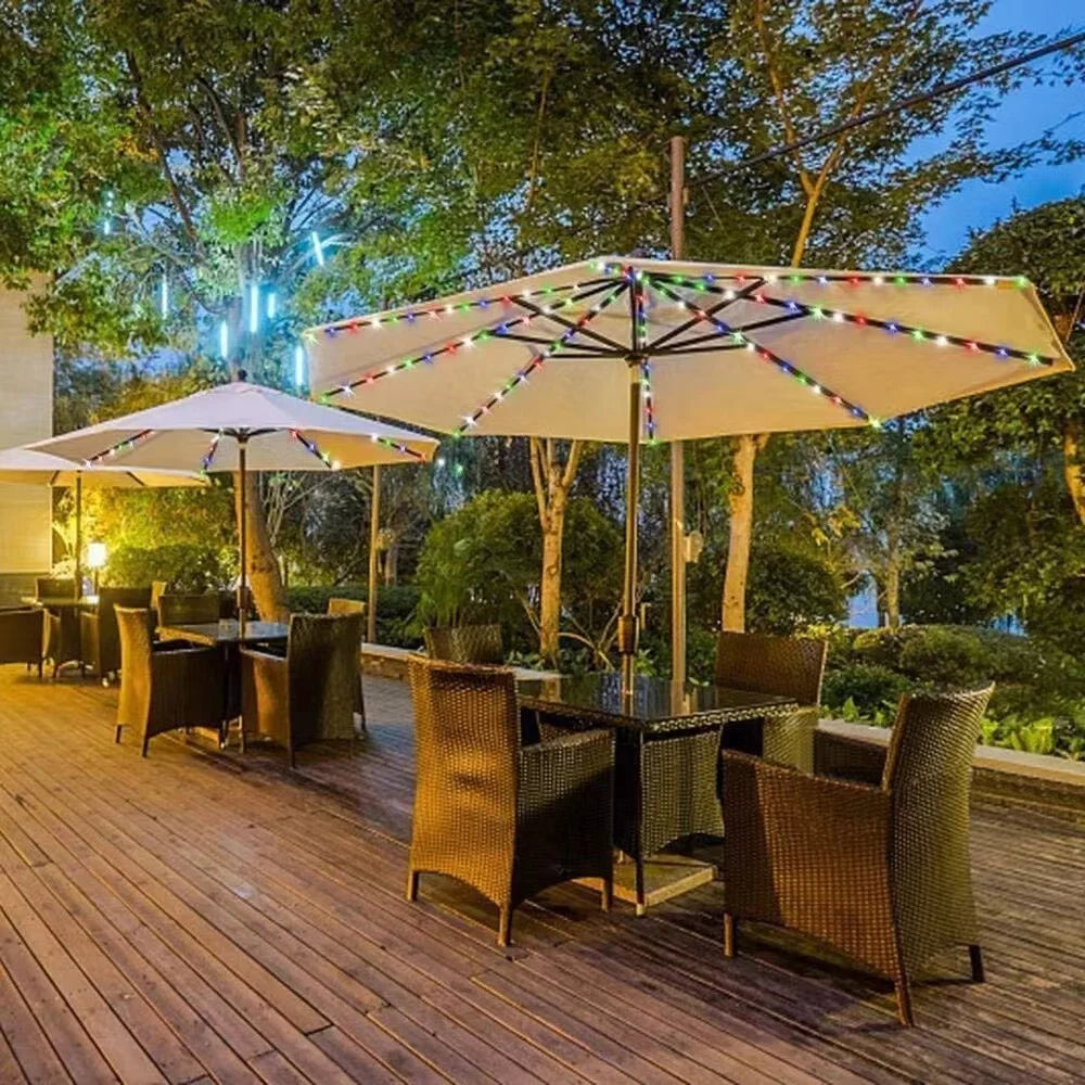 parasol extérieur moderne lumières led multicolore rouge beige télécommande modes piles incluses