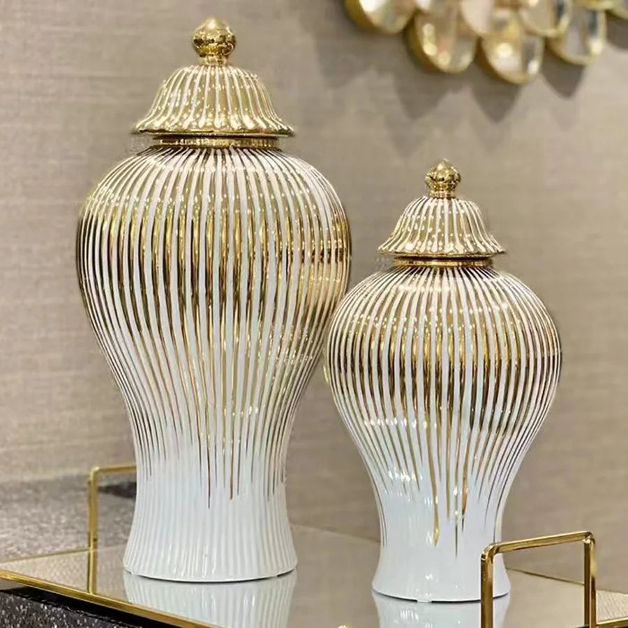 vase blanc doré rayures verticales moderne élégant couvercle décoration maison