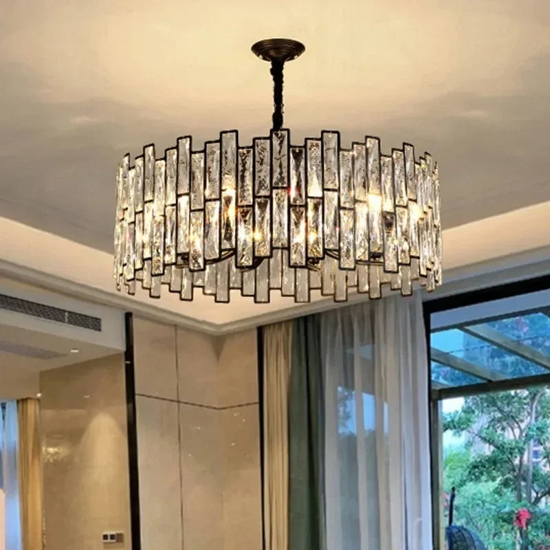 lustre cristal moderne transparent noir brillant salon restaurant haute gamme echangement chainemeta