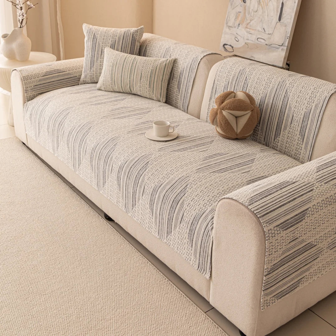housse canapé chenille beige rayures horizontales moderne élégante coussins décoratifs anti dérapant