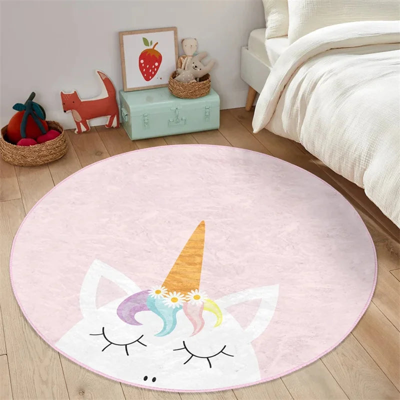 tapis rond licorne floral antidérapant polypropylène polyester doux enfant nuages étoiles rose chambre