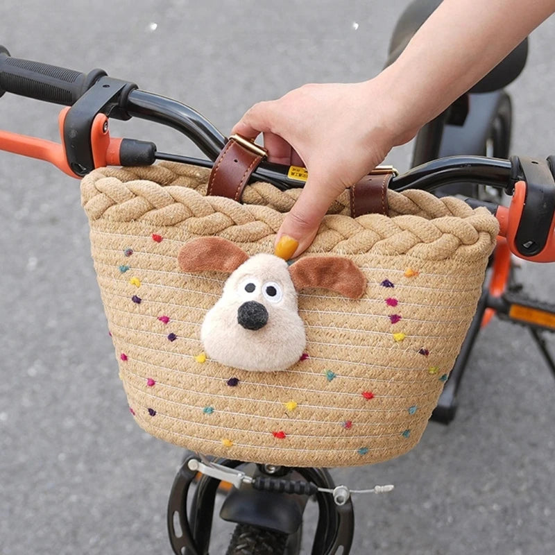 panier vélo enfant tissé beige rose points créatif clips chien