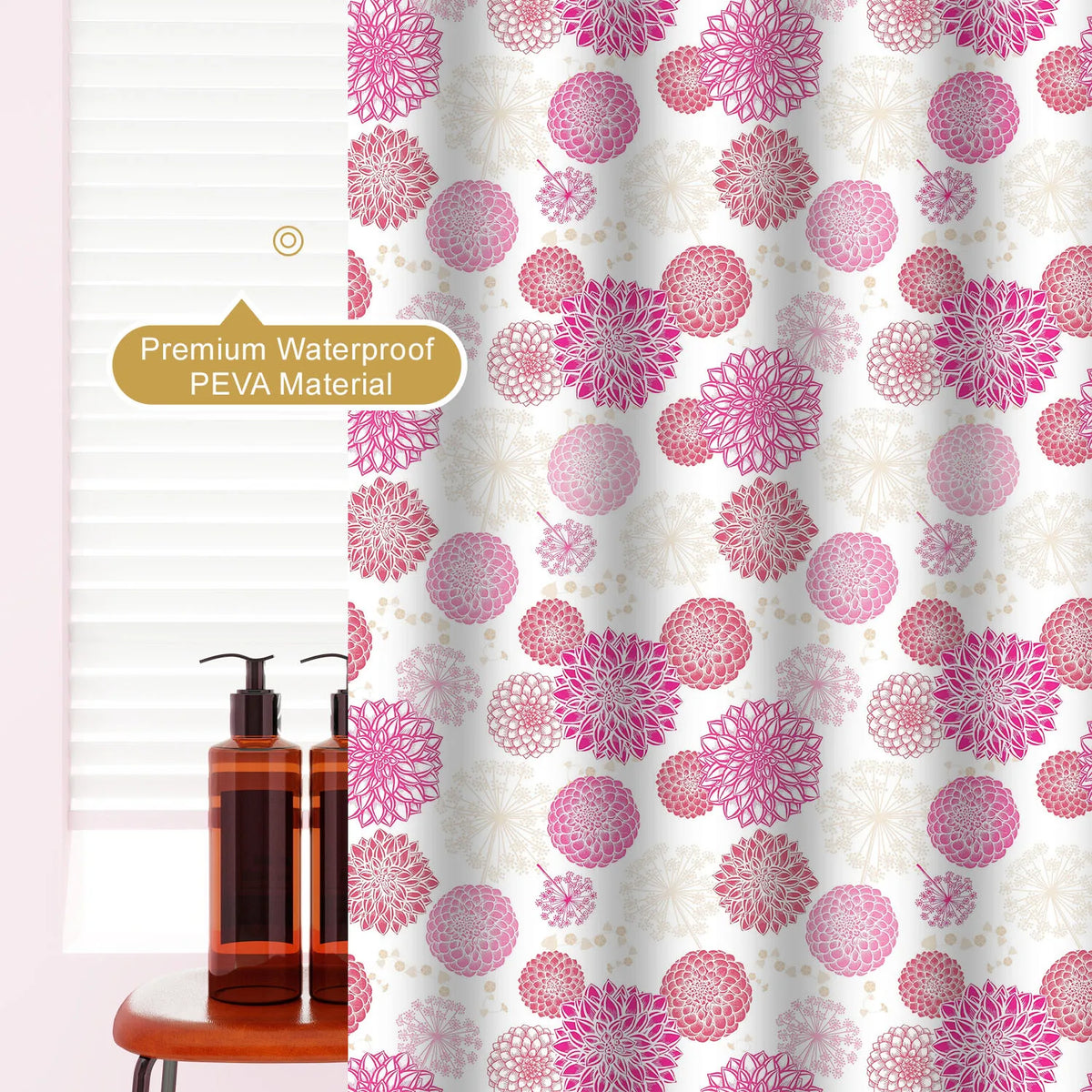 rideau douche floral éva texturé rose fuchsia rouge beige blanc