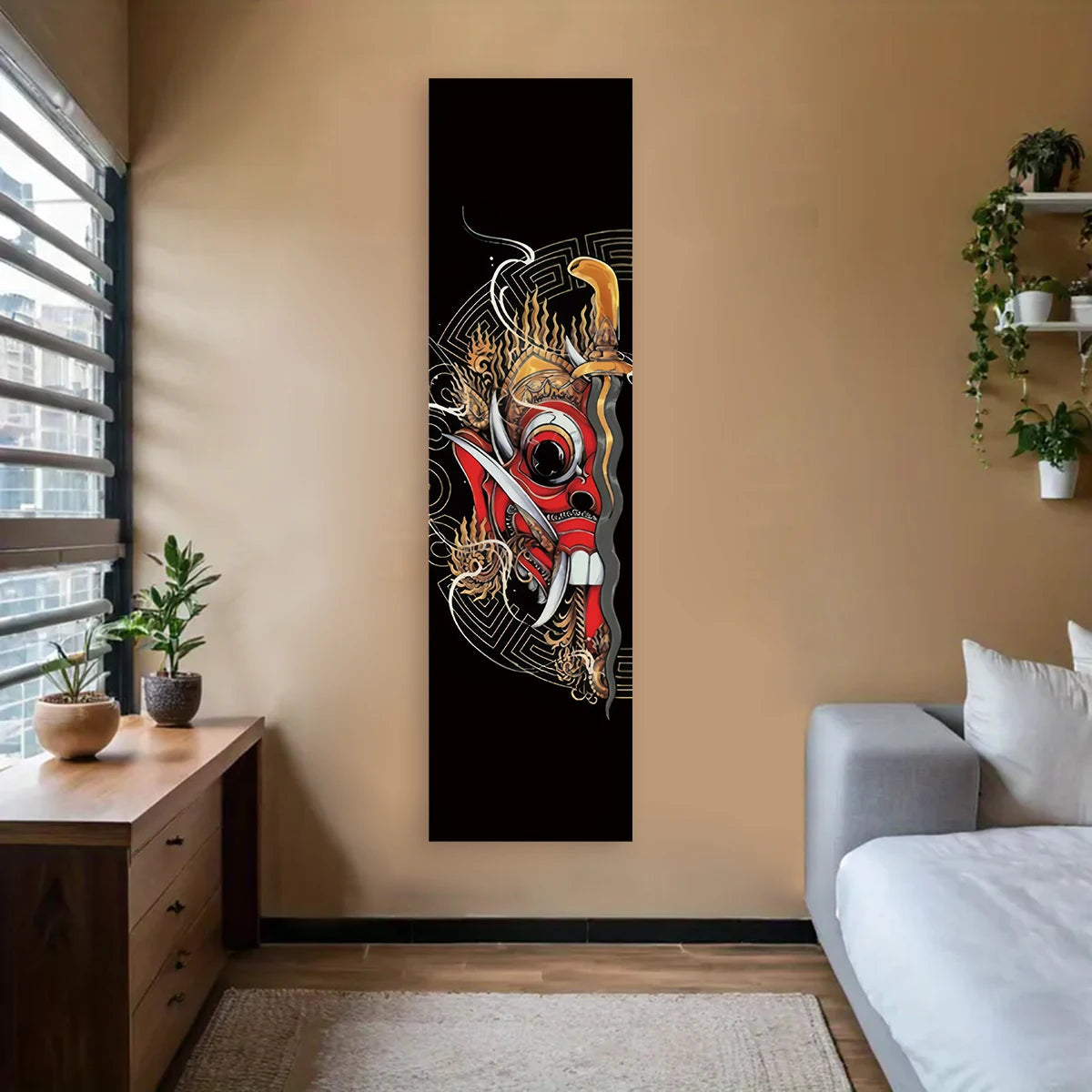 décoration murale moderne vague stylisée soleil stylisé texte japonais opaque rouge noir blanc chambre