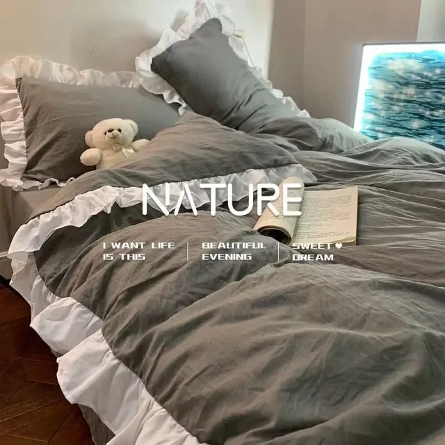 ensemble literie princesse housse couette dentelle volants fleurs blanc bleu violet chambre fille