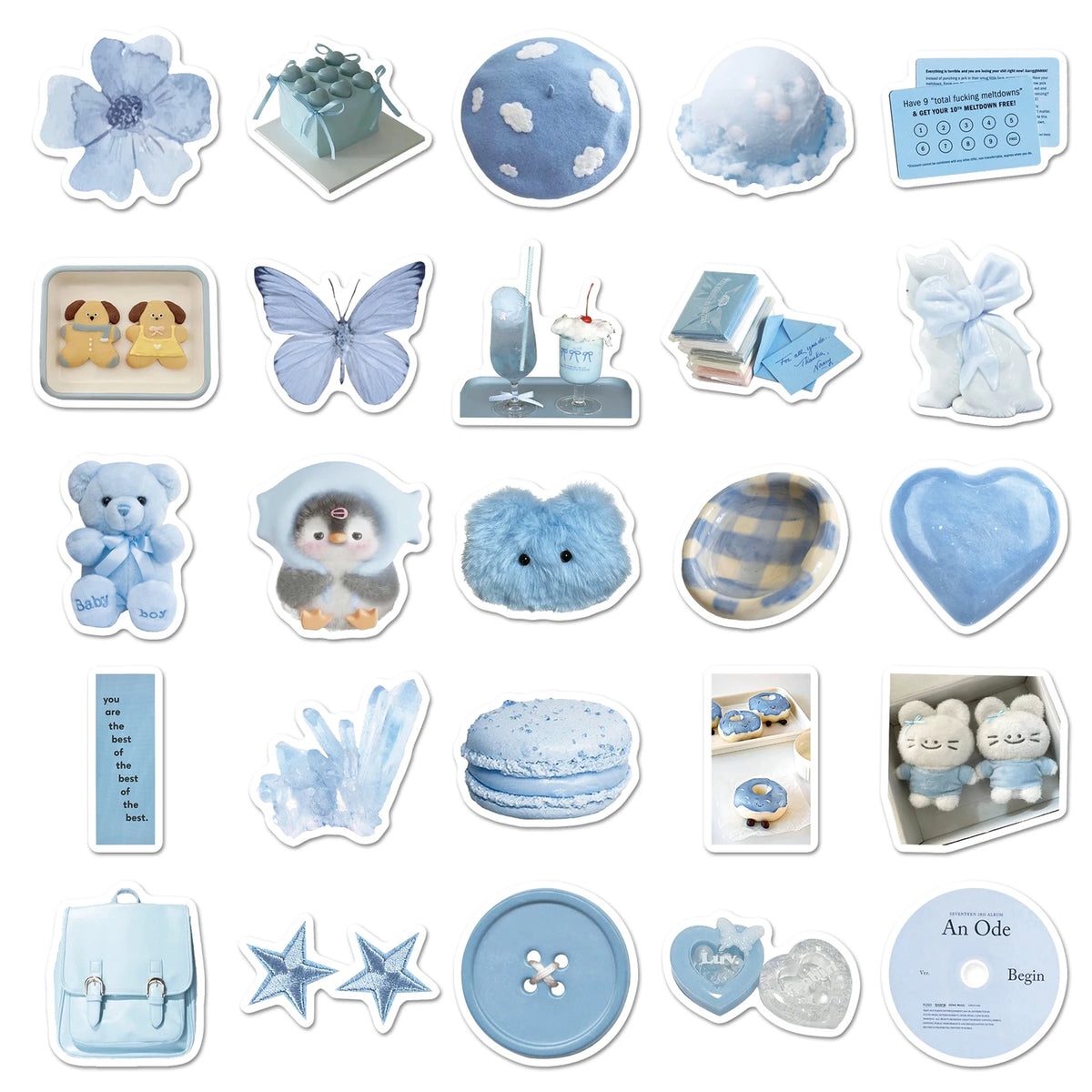 stickers mignons bleu clair fleurs animaux aesthetic 50 pièces pack