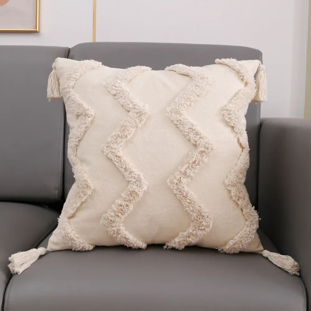 coussin carré géométrique blanc boho chic franges opaques décoration maison voiture