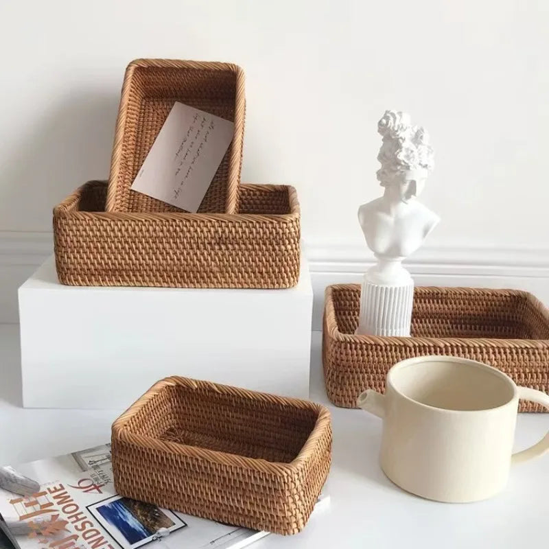 paniers rangement bambou tressé rustique bohème utilisation multiple plateau fruits decoration minimaliste