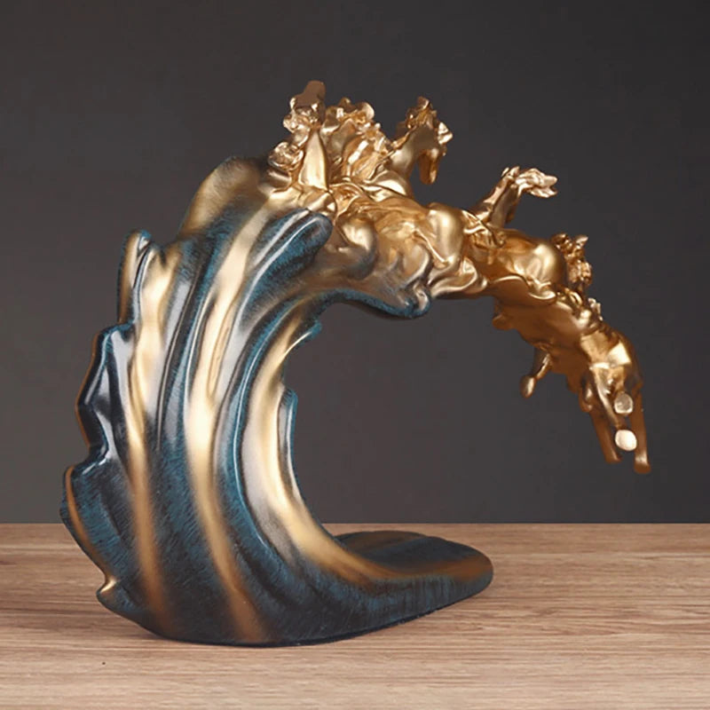 décoration moderne sculpture chevaux vague or bronze bleu foncé details texturés artistique