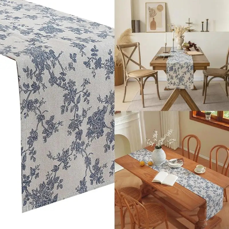 nappe table motif floraux coton polyester rustique beige bleu foncé dimensions variées