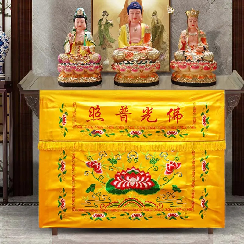 décoration autel bouddhiste tissu brodé fleurs caractères chinois franges traditionnel 100cm