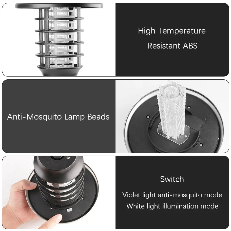 lampe anti moustiques solaire led noir argenté moderne panneau solaire grille métallique interrupteur étanche