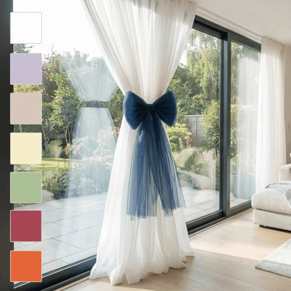 attaches rideau tulle texturé rubans décoratifs girly festif blanc violet orange bleu marine rose