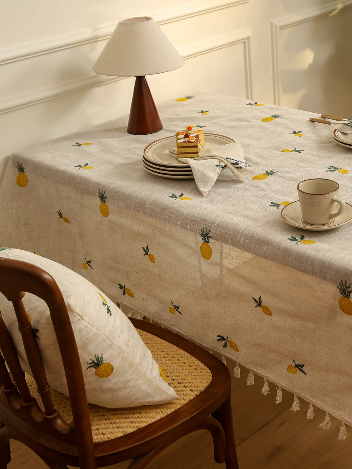 nappe table brodée citrons jaunes vertes rustique printemps été linen polyester réutilisable maison festives