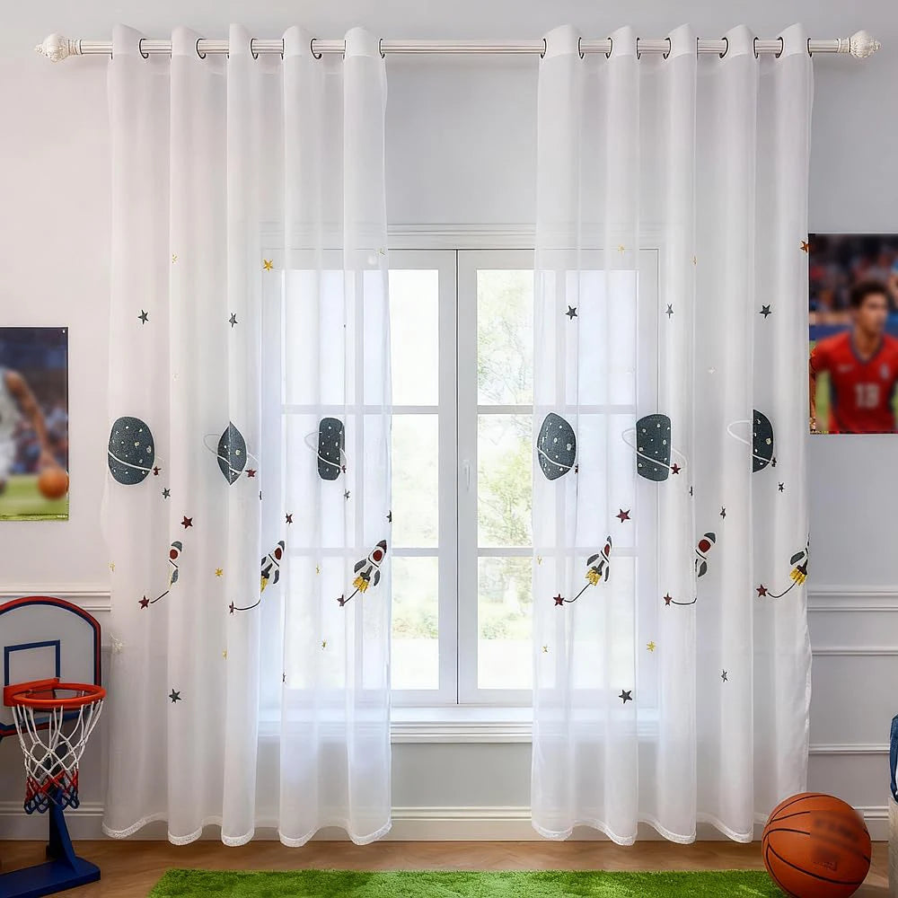 Rideau transparent brodé planètes fusées moderne enfant fenêtre polyester anneaux métalliques