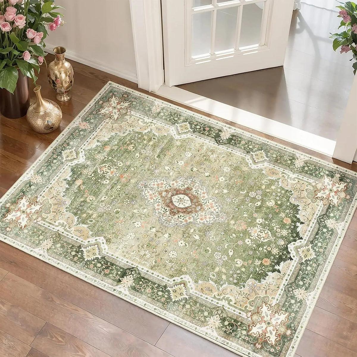tapis floral ornements géométriques anti dérapant rose bleu vert classique durable extérieurintérieur