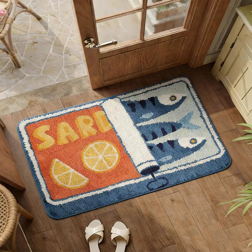 tapis sol motif sardines animaux bleu orange moderne antidérapant coton pop art chambre cuisine