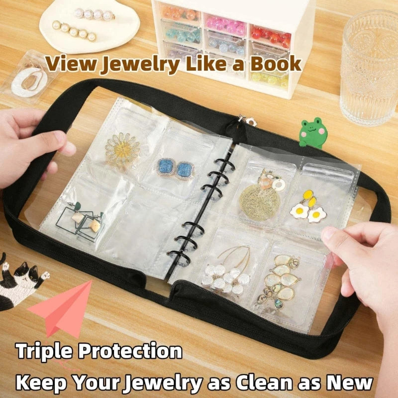 porte bijoux noir transparent compartiments individuels rangement boîtes supplémentaires glissières sacs organisation bijoux zippered
