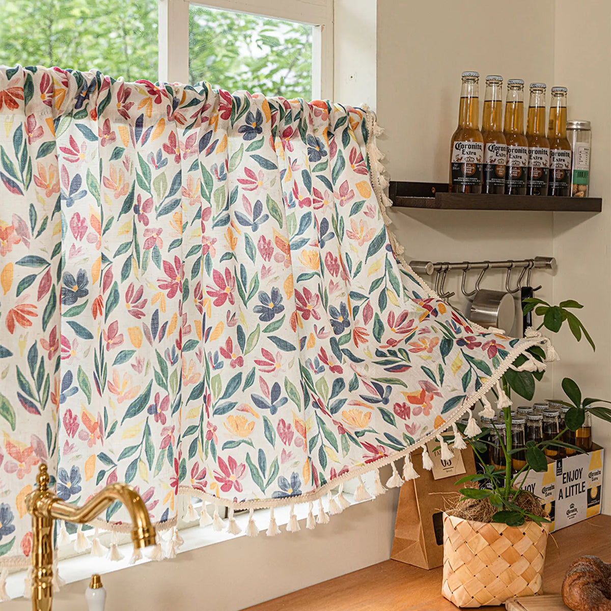 rideau bohème floral transparent blanc cassé fenêtre cuisine 140x60cm tringle rideau